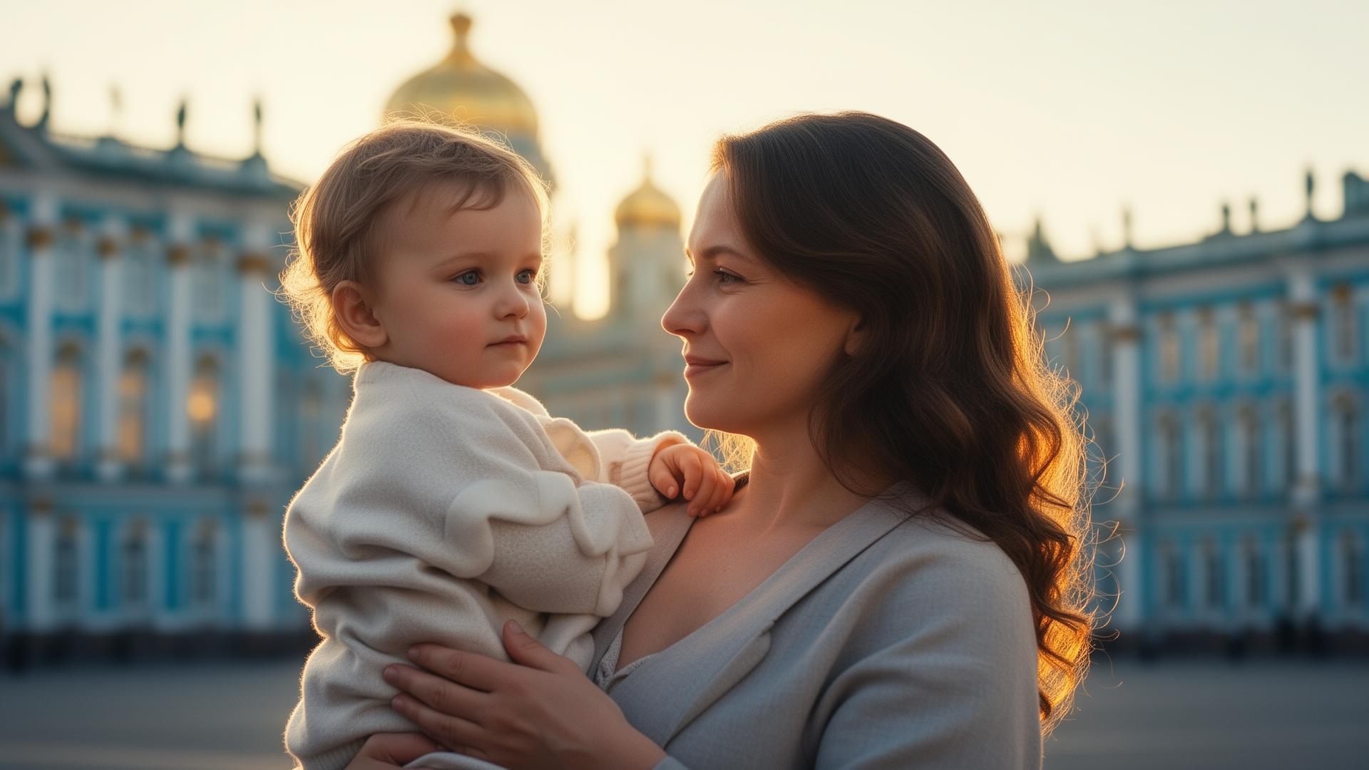 Мама с ребёнком на фоне Санкт-Петербурга